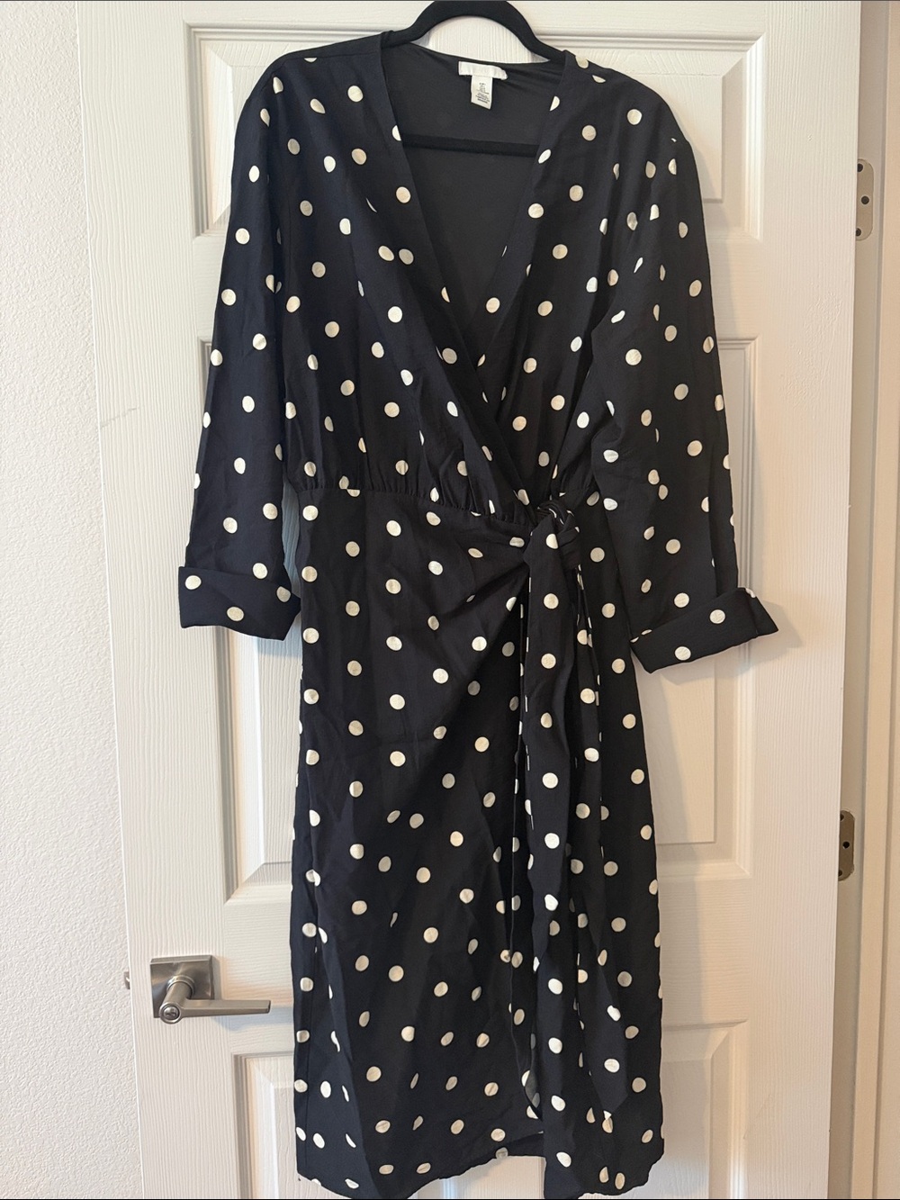 H&M Black Wrap Midi Dress with White Polka Dots